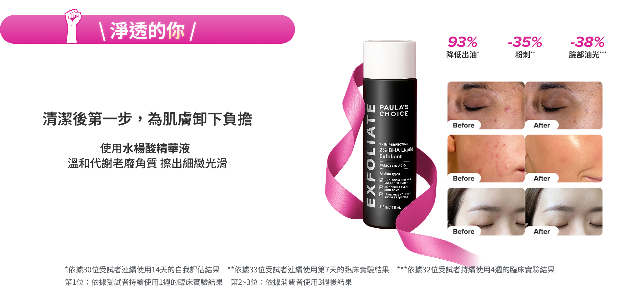 淨透的妳-致敬每一天都面臨新挑戰的你，每天用水楊酸淨透肌膚實現高效保濕。