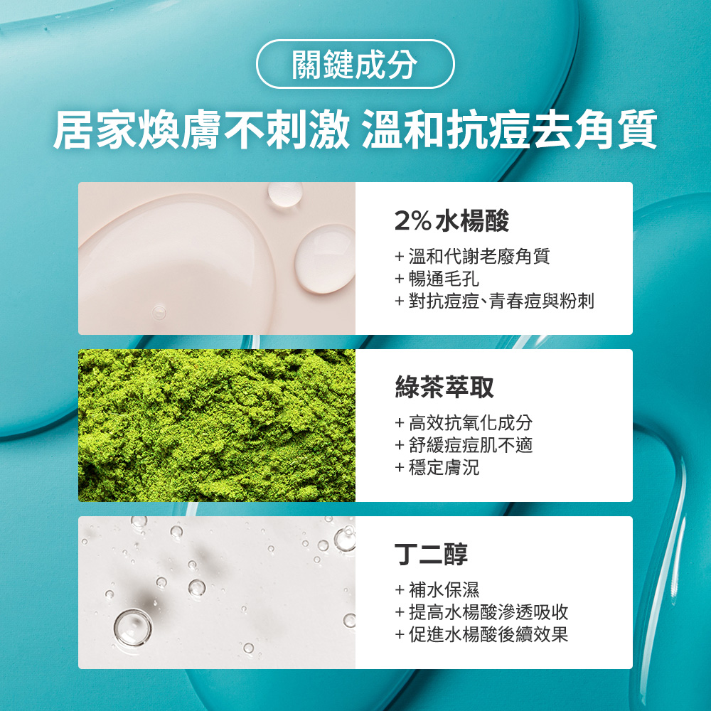 居家煥膚不刺激 溫蛤抗痘去角質 關鍵成分 2%水楊酸 綠茶萃取 丁二醇