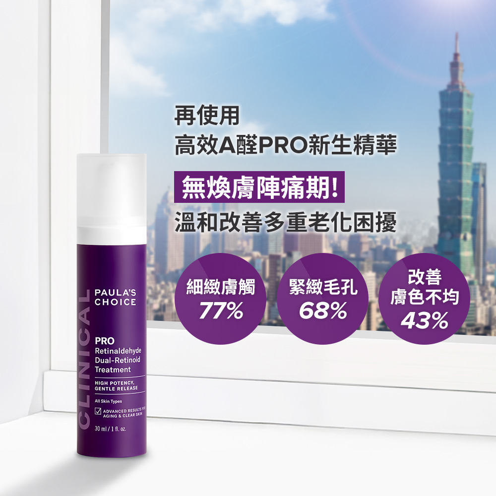再使用 高效A醛PRO新生精華無煥膚陣痛期！ 溫和改善多重老化困擾 細緻膚觸 77% 緊緻毛孔 68% 改善 膚色不均 43%