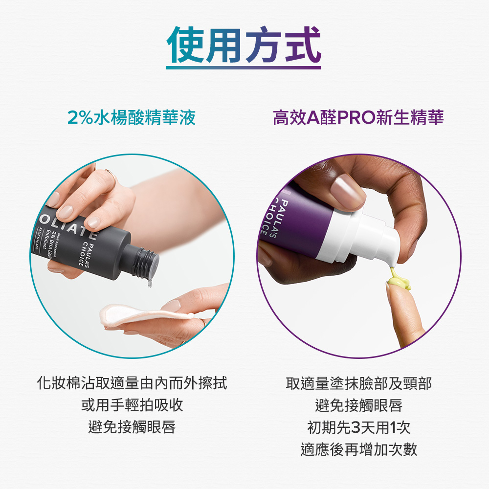 使用方式 2%水楊酸精華液:化妝棉沾取適量由內而外擦拭或用手輕拍吸收避免接觸眼唇 高效A醛PRO新生精華:取適量塗抹臉部及頸部 避免接觸眼唇 初期先3天用1次 適應後再增加次數