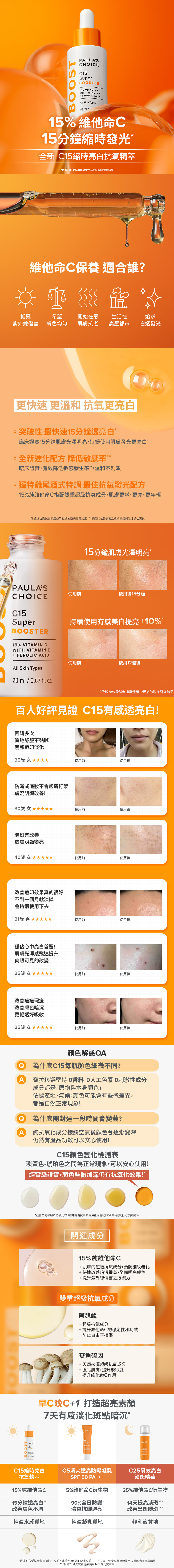 15%純維他命C搭配雙重超級抗氧化物阿魏酸、麥角硫因，透過優異的保養配方，有效改善膚色不均、暗沉蠟黃的問題，還可以強化肌膚對抗紫外線及多種外部刺激的防護力，15分鐘透亮白*

+高濃度15%純維他