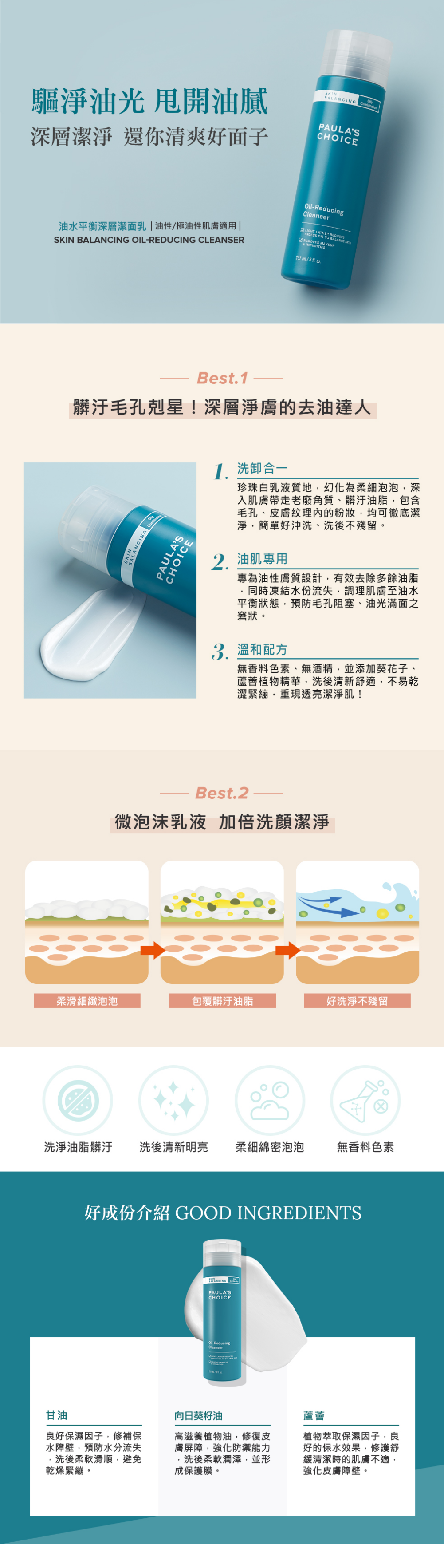 專為油性膚質所設計的洗卸合一深層潔面乳，去油補水配方幫助調理肌膚油水平衡，溫和泡沫淨化肌膚表面髒汙與油脂，洗後舒適清爽不緊繃，毛孔潔淨超保水。

+添加蘆薈等保濕成分，深層清潔毛孔同步補水修護，洗