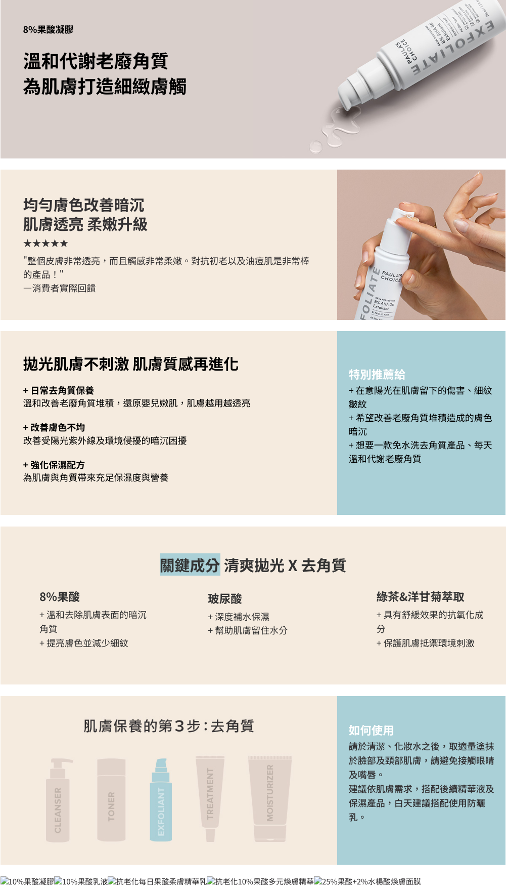 全膚質適用的去角質凝膠,蘊含8%果酸及保濕玻尿酸,去除老廢角質改善暗沉粗糙,注入保濕舒緩因子,提升肌膚明亮度,打造光滑透亮的細緻膚觸。
+平滑細緻膚觸,撫平細紋皺紋,勻亮暗沉膚色
+多種舒緩保