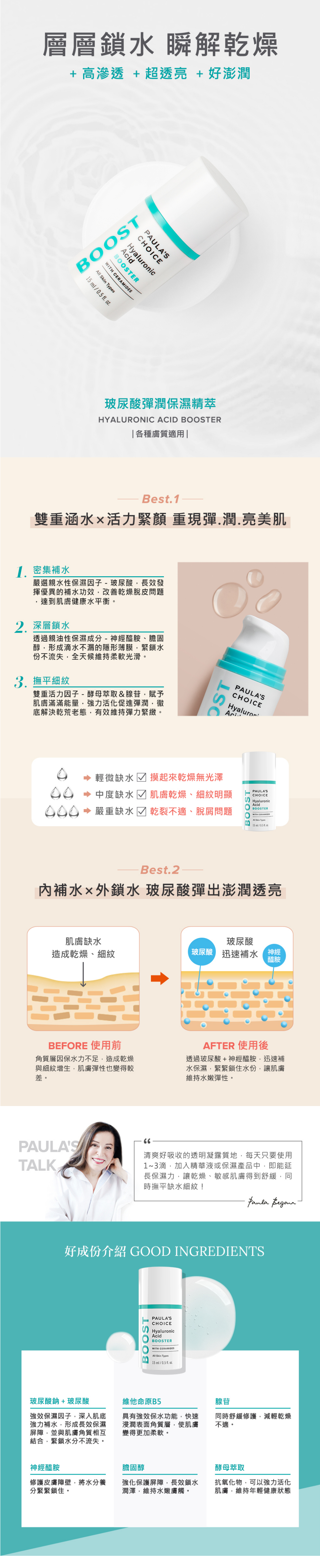 蘊含高濃度玻尿酸保濕成分與神經醯胺，幫助乾燥缺水的肌膚快速補水，強化保水屏障，預防水份流失，重現澎潤緊緻肌膚。

+添加神經醯胺與活力酵母萃取成分，深層補水加鎖水，撫平乾燥細紋
+多元修護因子，