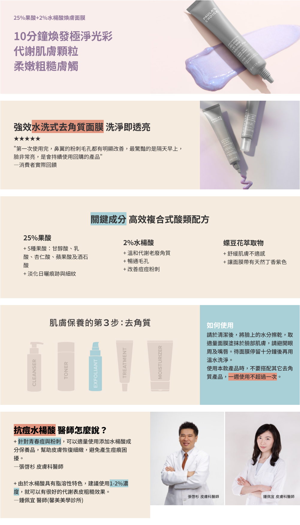 蘊含超高濃度25%果酸及2%水楊酸的週期性水洗式去角質面膜，每週使用一次，幫助肌膚深層代謝頑固老廢角質，使肌膚煥然一新，有效平滑粗糙膚觸、明亮膚色、暢通毛孔與撫平紋路。

+高濃度25%複合果酸，